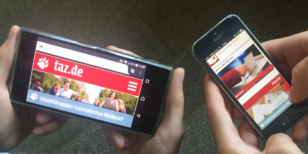 zwei Smartphones, die die neue Mobilversion von taz.de anzeigen zwei Smartphones, die die neue Mobilversion von taz.de anzeigen