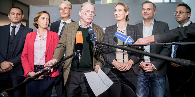 Einige Männer und Frauen stehen vor einer grauen Wand und sprechen in Mikrofone Einige Männer und Frauen stehen vor einer grauen Wand und sprechen in Mikrofone