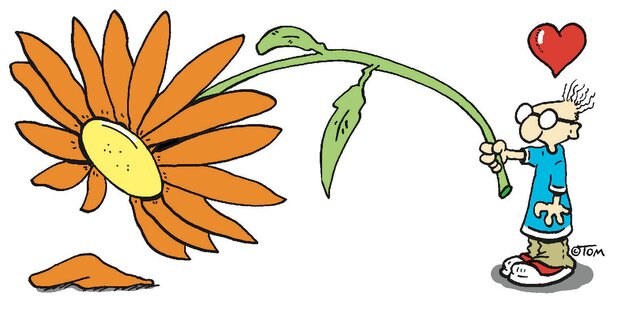 Illustration: Ein Mensch hält eine sehr große Blume, über seinem Kopf schwebt ein Herz