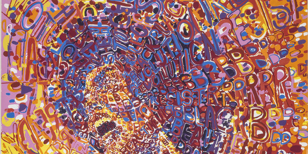 Ausschnitt aus einem Kunstwerk: Buchstaben und Farben Ausschnitt aus einem Kunstwerk: Buchstaben und Farben