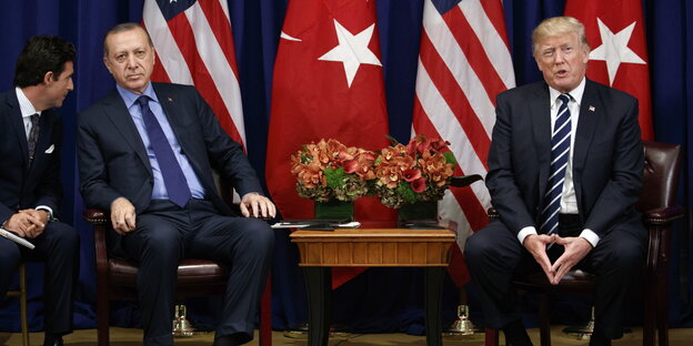 Erdoğan und Trump sitzen vor Flaggen Erdoğan und Trump sitzen vor Flaggen