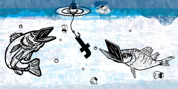 Zwei Fische mit einem Laptop als Maul schwimmen um einen Facebook-Haken herum Zwei Fische mit einem Laptop als Maul schwimmen um einen Facebook-Haken herum