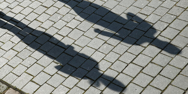 Schatten von zwei Menschen auf dem Straßenpflaster Schatten von zwei Menschen auf dem Straßenpflaster