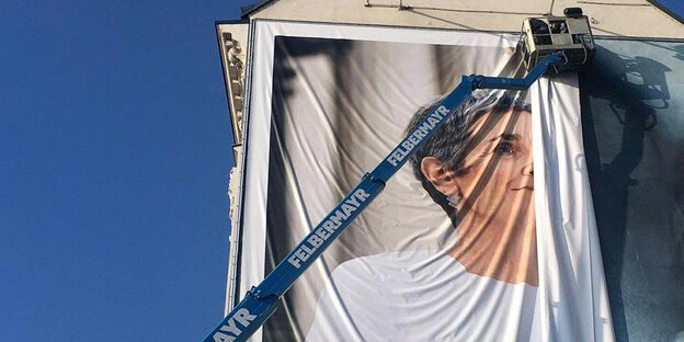 Eine Frau steht auf einer grünen Wiese, im Hintergrund Wahlplakate Eine Frau steht auf einer grünen Wiese, im Hintergrund Wahlplakate