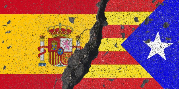 Eine spanische und eine katalanische Flagge werden durch einen Riss geteilt Eine spanische und eine katalanische Flagge werden durch einen Riss geteilt