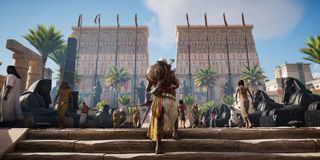 Ein animiertes Bild zeigt einen Menschen im alten Ägypten, der eine Treppe emporsteigt Ein animiertes Bild zeigt einen Menschen im alten Ägypten, der eine Treppe emporsteigt