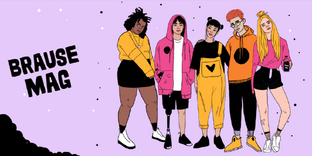 Eine gemischtgeschlechtliche Gruppe stylischer Teenager steht lässig herum, eine Person trägt eine Beinprothese, ein paar sind People of Color Eine gemischtgeschlechtliche Gruppe stylischer Teenager steht lässig herum, eine Person trägt eine Beinprothese, ein paar sind People of Color