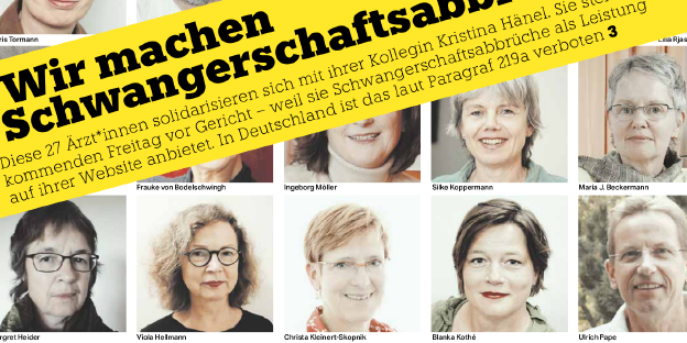 Mehrere Profilfotos, darübergelegt eine Banderole auf der steht: „Wir machen Schwangerschaftsabbrüche“ Mehrere Profilfotos, darübergelegt eine Banderole auf der steht: „Wir machen Schwangerschaftsabbrüche“