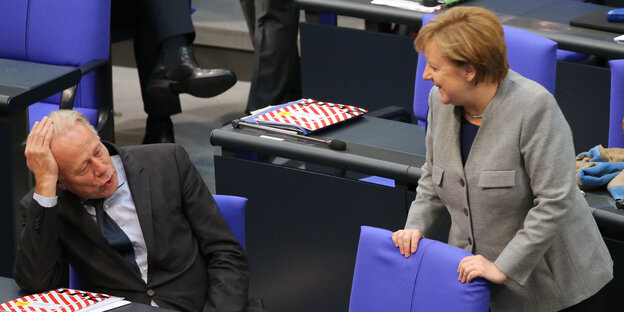 Jürgen Trittin (li., sitzend) und Angela Merkel sprechen miteinander im Bundestag Jürgen Trittin (li., sitzend) und Angela Merkel sprechen miteinander im Bundestag