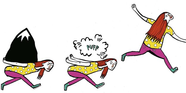 Drei Illustrationen einer Frau, von schwer belastet bis unbelastet Drei Illustrationen einer Frau, von schwer belastet bis unbelastet