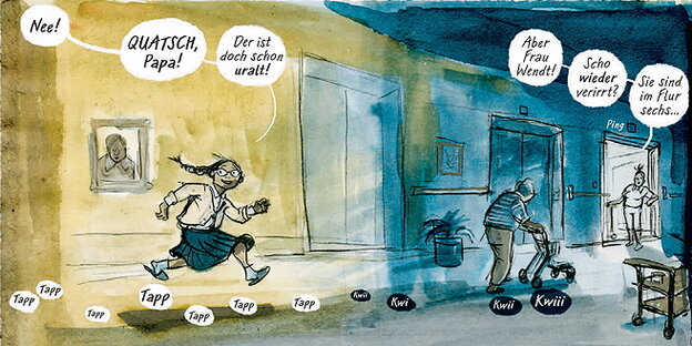 Eine Szene aus dem Comic: Ein Mädchen läuft und verwandelt sich auf der anderen Bildhälfte in eine alte Frau mit Rollator Eine Szene aus dem Comic: Ein Mädchen läuft und verwandelt sich auf der anderen Bildhälfte in eine alte Frau mit Rollator