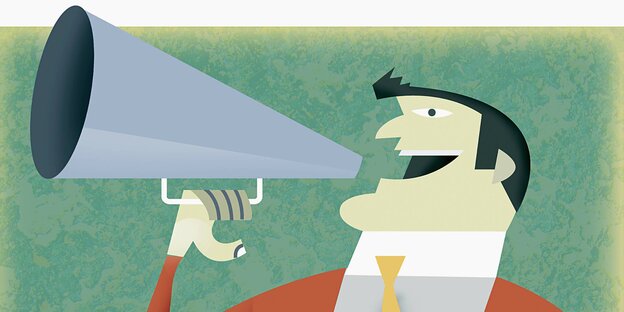 Illustration: Weißer Mann mit Krawatte spricht in ein Megafon Illustration: Weißer Mann mit Krawatte spricht in ein Megafon