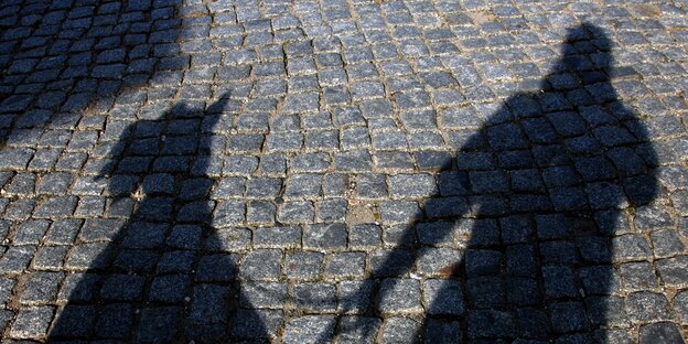 Die Schatten eines Hundes und seines Herrchens auf einem Kopfsteinpflaster. Die Schatten eines Hundes und seines Herrchens auf einem Kopfsteinpflaster.