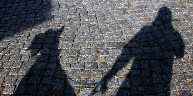 Die Schatten eines Hundes und seines Herrchens auf einem Kopfsteinpflaster.