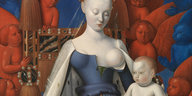Gemälde einer Madonna mit entblößter linker Brust und jesuskind. Im Hintergrund Engel