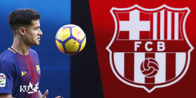 ein Mann wirft einen Fußball hoch, rechts neben ihm das Logo des FC Barcelona ein Mann wirft einen Fußball hoch, rechts neben ihm das Logo des FC Barcelona