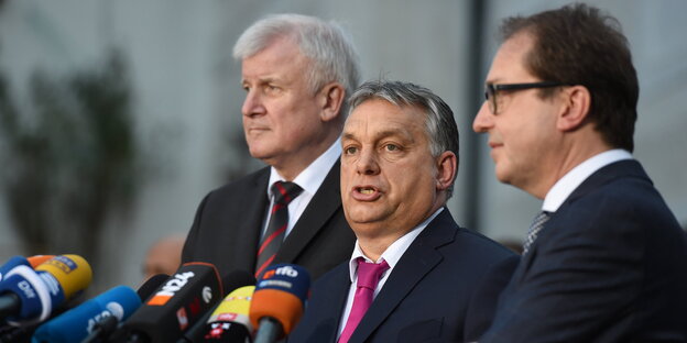 Drei Männer in Anzügen stehen vor einem Mikrofon Drei Männer in Anzügen stehen vor einem Mikrofon