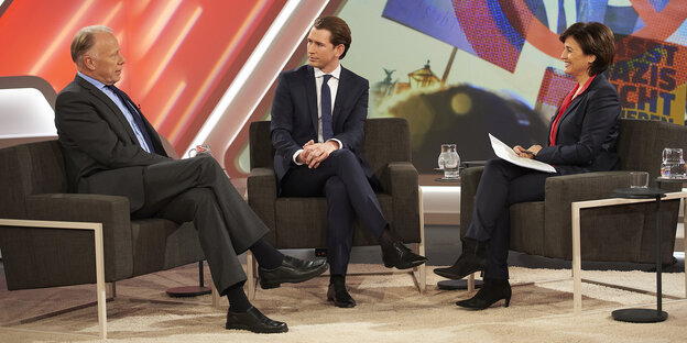 Jürgen Trittin, Sebastian Kurz und Sandra Maischberger Jürgen Trittin, Sebastian Kurz und Sandra Maischberger