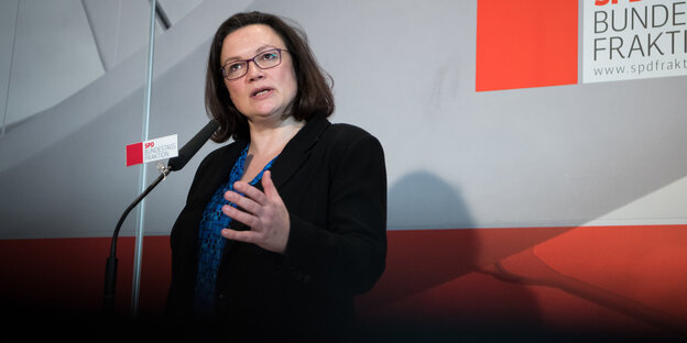 Andrea Nahles an einem Mikrofon Andrea Nahles an einem Mikrofon