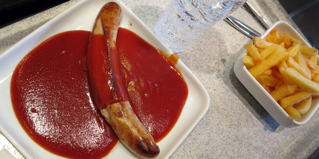Ein Teller mti einer Currywurst und eine Schale mit Pommes Frites stehen auf einem Tablett. Ein Teller mti einer Currywurst und eine Schale mit Pommes Frites stehen auf einem Tablett.