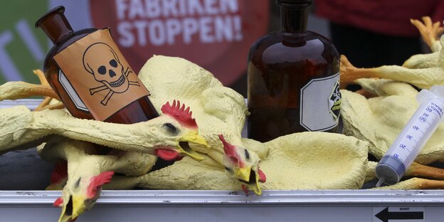 Hühner-Attrappen und ein Fläschchen mit einem Totenkopf