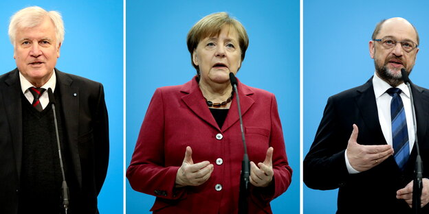 Montage: links von Angela Merkel Horst Seehofer, rechts Martin Schulz Montage: links von Angela Merkel Horst Seehofer, rechts Martin Schulz
