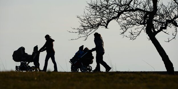 Zwei Frauen schieben ihre Kinderwagen in der Dämmerung. Zwei Frauen schieben ihre Kinderwagen in der Dämmerung.