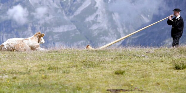 Ein Mann bläst in ein Alphorn, daneben liegt ein Schaf Ein Mann bläst in ein Alphorn, daneben liegt ein Schaf