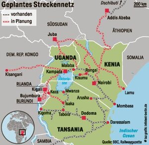 Landkarte von Ostafrika mit Eisenbahnnetz Landkarte von Ostafrika mit Eisenbahnnetz