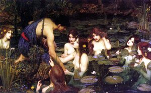 Ein Gemälde zeigt einen bekleideten Mann und mehrere nackte Frauen in einem Teich Ein Gemälde zeigt einen bekleideten Mann und mehrere nackte Frauen in einem Teich