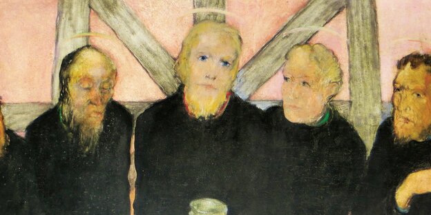 Ein Gemälde, das vier schwarz gekleidete Männer an einem runden Tisch zeigt. Alle haben einen Heiligenschein und blicken auf den Mann in der Mitte. Ein Gemälde, das vier schwarz gekleidete Männer an einem runden Tisch zeigt. Alle haben einen Heiligenschein und blicken auf den Mann in der Mitte.