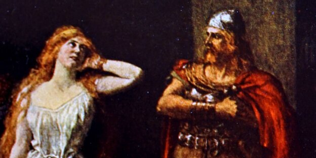 Eine Frau und ein Ritter, Ausschnitt aus einem Gemälde Eine Frau und ein Ritter, Ausschnitt aus einem Gemälde