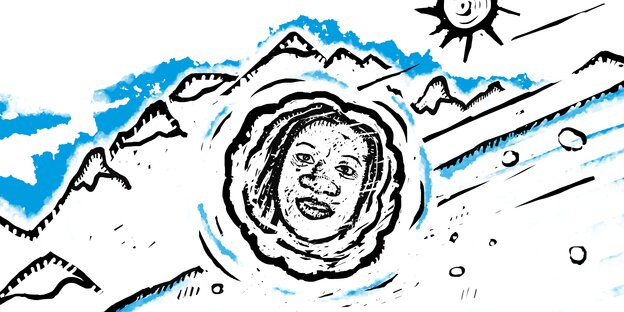Die Illustration zeigt einen Stein mit weiblichem Gesicht, der einen Berg hinunter rollt Die Illustration zeigt einen Stein mit weiblichem Gesicht, der einen Berg hinunter rollt