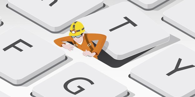 Eine Figur kriecht unter einer Taste in der Tastatur hervor Eine Figur kriecht unter einer Taste in der Tastatur hervor