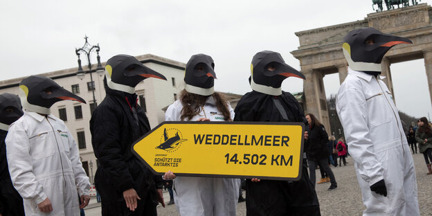 Als Pinguine verkleidete Greenpeace-Aktivisten, die vor dem Brandenburger Tor für eine Meeresschutzzone in der Antarktis demonstrieren Als Pinguine verkleidete Greenpeace-Aktivisten, die vor dem Brandenburger Tor für eine Meeresschutzzone in der Antarktis demonstrieren