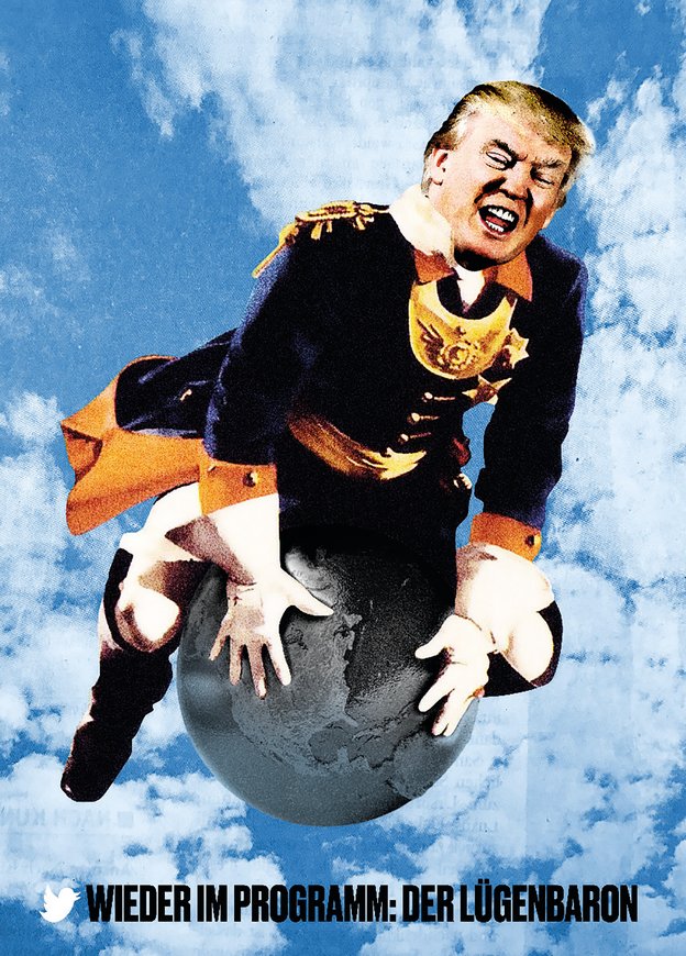 Trump reitet wie Baron Münchhausen auf einer Kanonenkugel durch den Himmel.