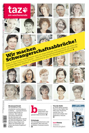 Die taz-Titelseite mit den Ärztinnen und Ärzten, die sich mit Kristina Hänel solidarisieren Die taz-Titelseite mit den Ärztinnen und Ärzten, die sich mit Kristina Hänel solidarisieren