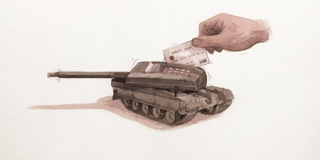 Eine Zeichnung zeigt eine Hand, die eine Kreditkarte in einen Panzer steckt Eine Zeichnung zeigt eine Hand, die eine Kreditkarte in einen Panzer steckt