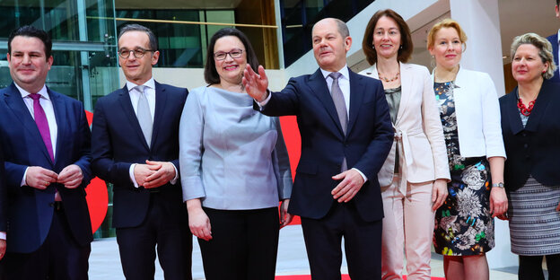 Hubertus Heil, Heiko Maas, Andrea Nahles, Katarina Barley, Olaf Scholz, Franziska Giffey und Svenja Schulze Hubertus Heil, Heiko Maas, Andrea Nahles, Katarina Barley, Olaf Scholz, Franziska Giffey und Svenja Schulze