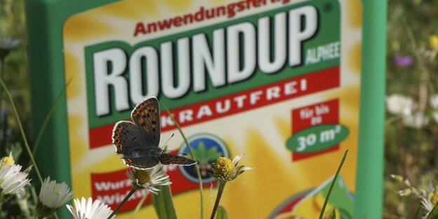 Ein Schmetterling landet auf einer Blume, im Hintergrund sieht man eine Flasche mit dem Aufdruck "Roundup"