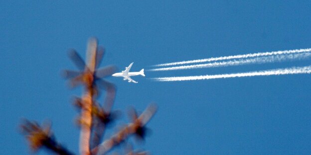 Am blauen Himmel fliegt ein Flugzeug, im Vordergrund verschwommen ein rötliches Gebilde Am blauen Himmel fliegt ein Flugzeug, im Vordergrund verschwommen ein rötliches Gebilde