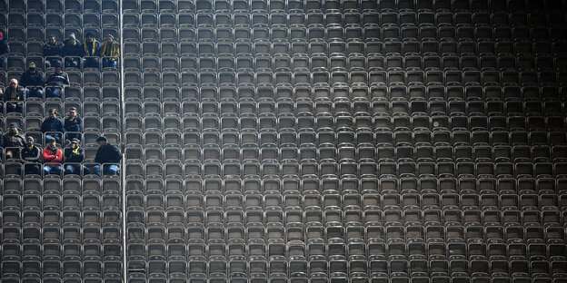 Ein paar Fans sitzen in einem Stadion