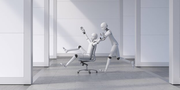 Zwei Roboter, einer sitzt auf einem Schreibtischstuhl, der andere schiebt ihn Zwei Roboter, einer sitzt auf einem Schreibtischstuhl, der andere schiebt ihn