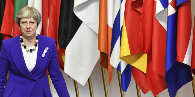 Theresa May schreitet im blauen Kostüm an Flaggen der EU-Mitgliedsstaaten vorbei Theresa May schreitet im blauen Kostüm an Flaggen der EU-Mitgliedsstaaten vorbei