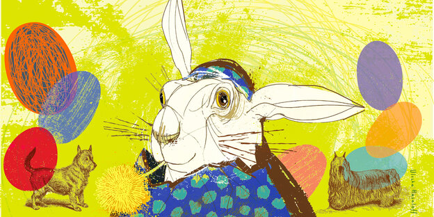 Eine bunte Illustration von einem Hasen mit Pusteblume im Mund Eine bunte Illustration von einem Hasen mit Pusteblume im Mund