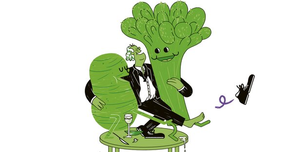 Illustration eines Mannes in Anzug, der Arm in Arm mit einem Brokkoli und einer Kartoffel tanzt Illustration eines Mannes in Anzug, der Arm in Arm mit einem Brokkoli und einer Kartoffel tanzt
