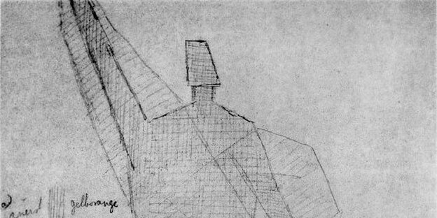 Eine von Rudolf Steiner gezeichnete Eurhythmie-Figur hebt den rechten Arm Eine von Rudolf Steiner gezeichnete Eurhythmie-Figur hebt den rechten Arm