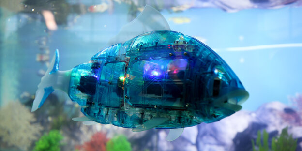 ein Plastikfisch mit elektrischem Flossenantrieb ein Plastikfisch mit elektrischem Flossenantrieb