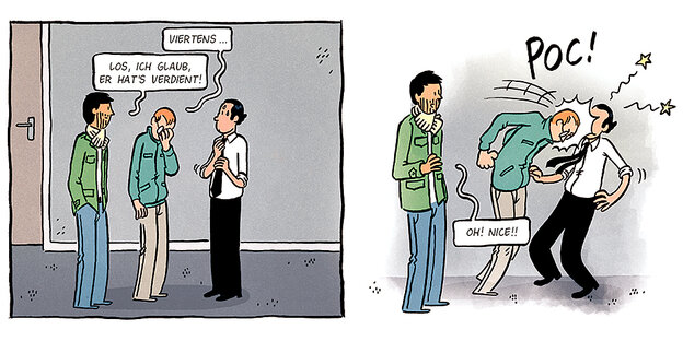 Eine Comicszene: drei Menschen stehen zusammen, der eine Mann stößt den anderen plötzlich ganz hart mit seinem Kopf Eine Comicszene: drei Menschen stehen zusammen, der eine Mann stößt den anderen plötzlich ganz hart mit seinem Kopf