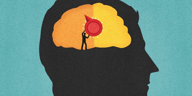 Illustration: Ein Männchen dreht einen Schalter im Gehirn Illustration: Ein Männchen dreht einen Schalter im Gehirn